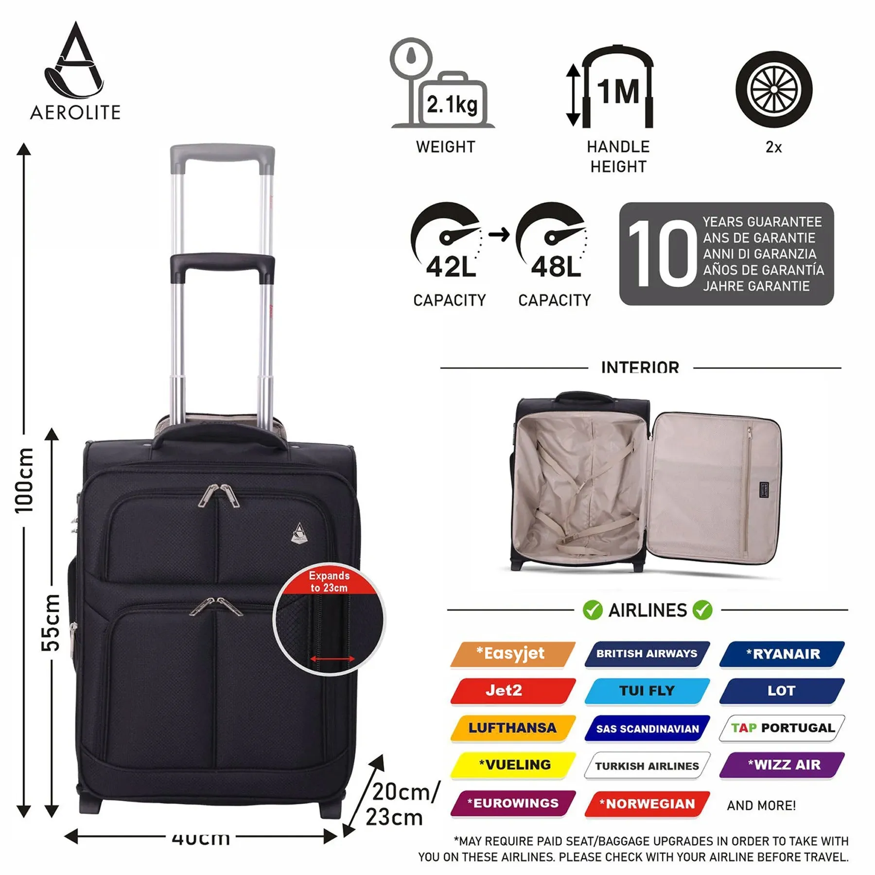 Aerolite Wizz Air Bundle, Expandable (55x40x20cm) to (55x40x23cm) Wizz (Priority) Maximum Cabin Suitcase and 40x30x20cm Wizz Air Maximum Size Eco-Friendly Backpack