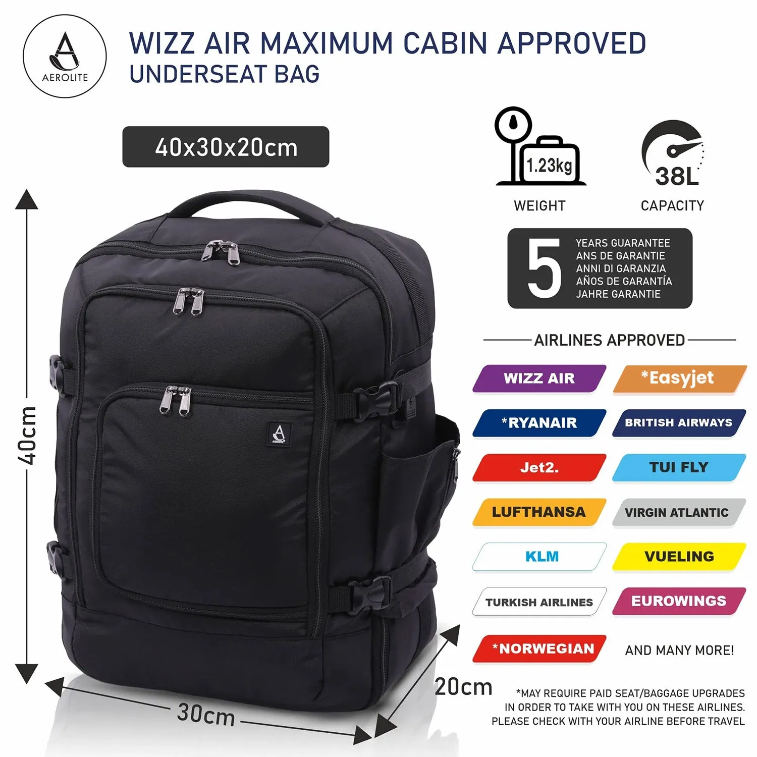 Aerolite Wizz Air Bundle, Expandable (55x40x20cm) to (55x40x23cm) Wizz (Priority) Maximum Cabin Suitcase and 40x30x20cm Wizz Air Maximum Size Eco-Friendly Backpack