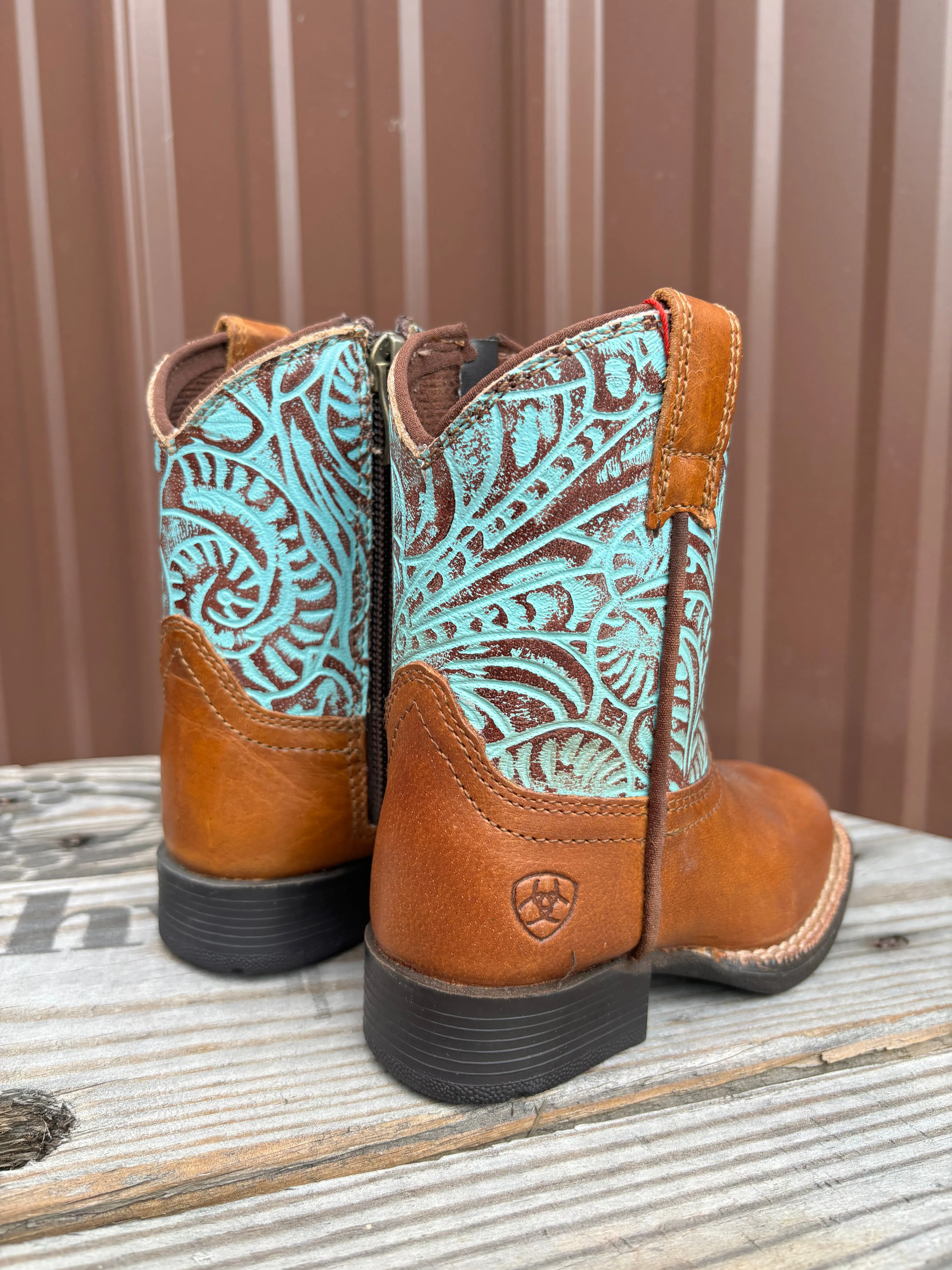 Ariat Lil' Stomper Toddler Roundup Brown Turquoise Embossed Print Western Cowboy Boot A441003502