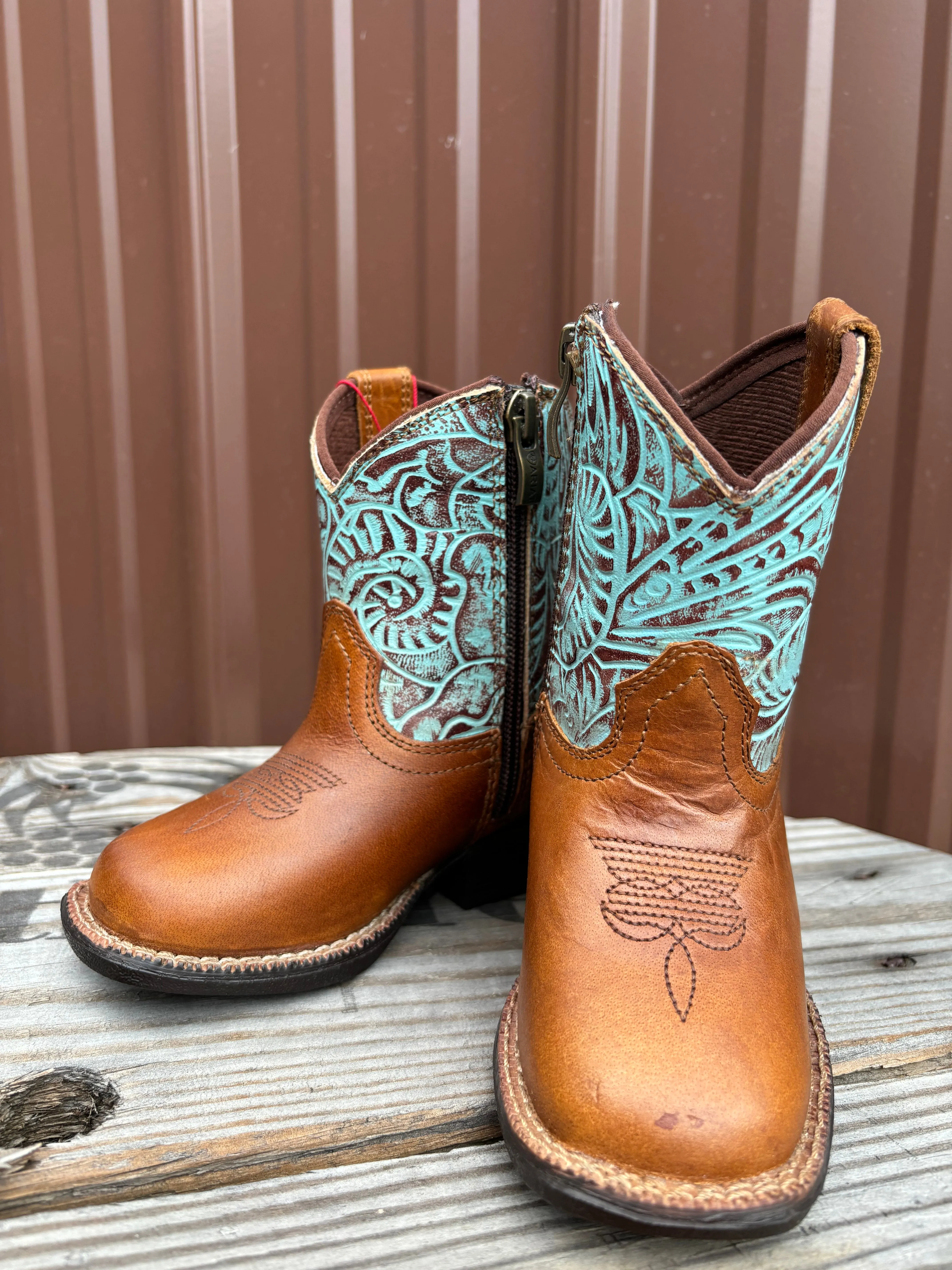 Ariat Lil' Stomper Toddler Roundup Brown Turquoise Embossed Print Western Cowboy Boot A441003502