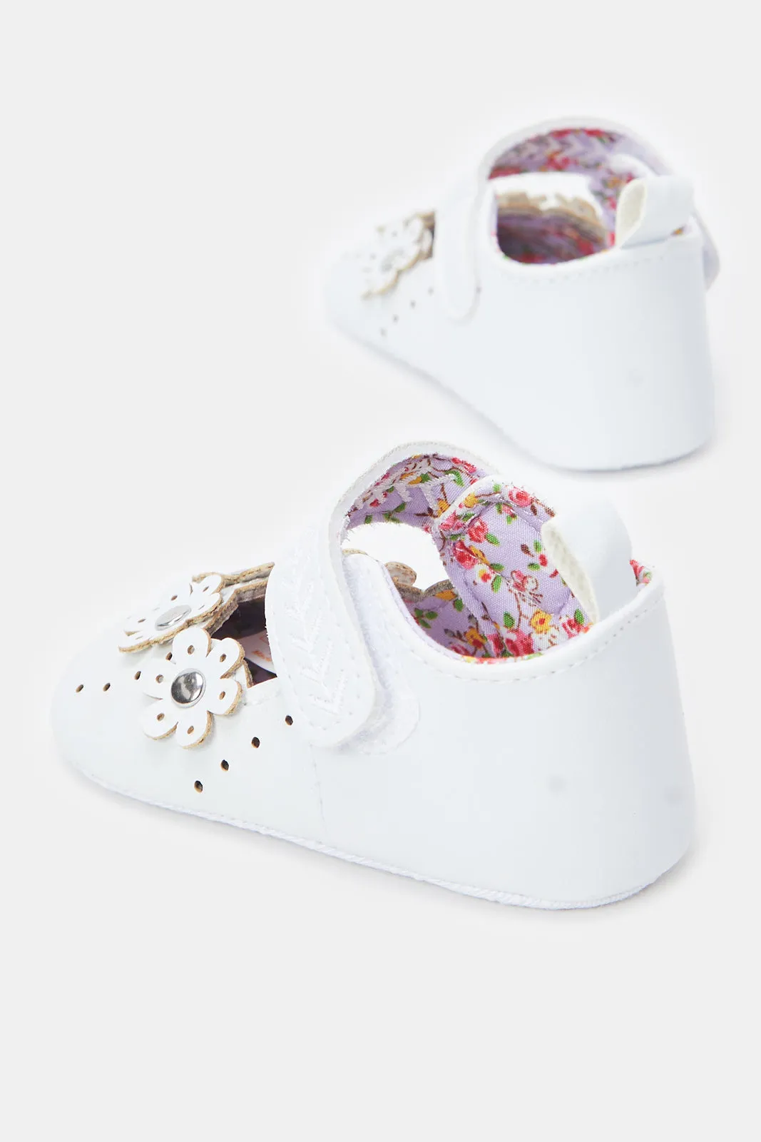 Babies White Floral Pram Shoes