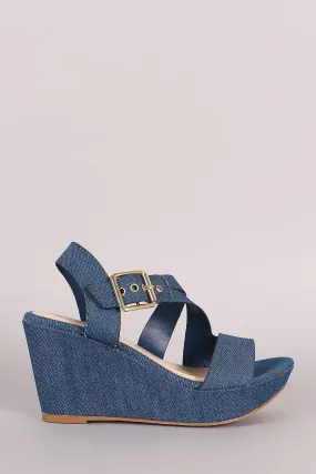 Bamboo Denim Asymmetrical Strappy Platform Wedge