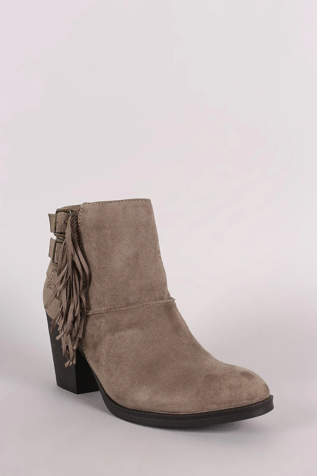 Bamboo Suede Buckled Side Fringe Chunky Heeled Booties