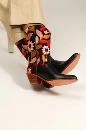 BLACK LEATHER BLACK EMBROIDERED WESTERN BOOTS X ANTHROPOLOGIE