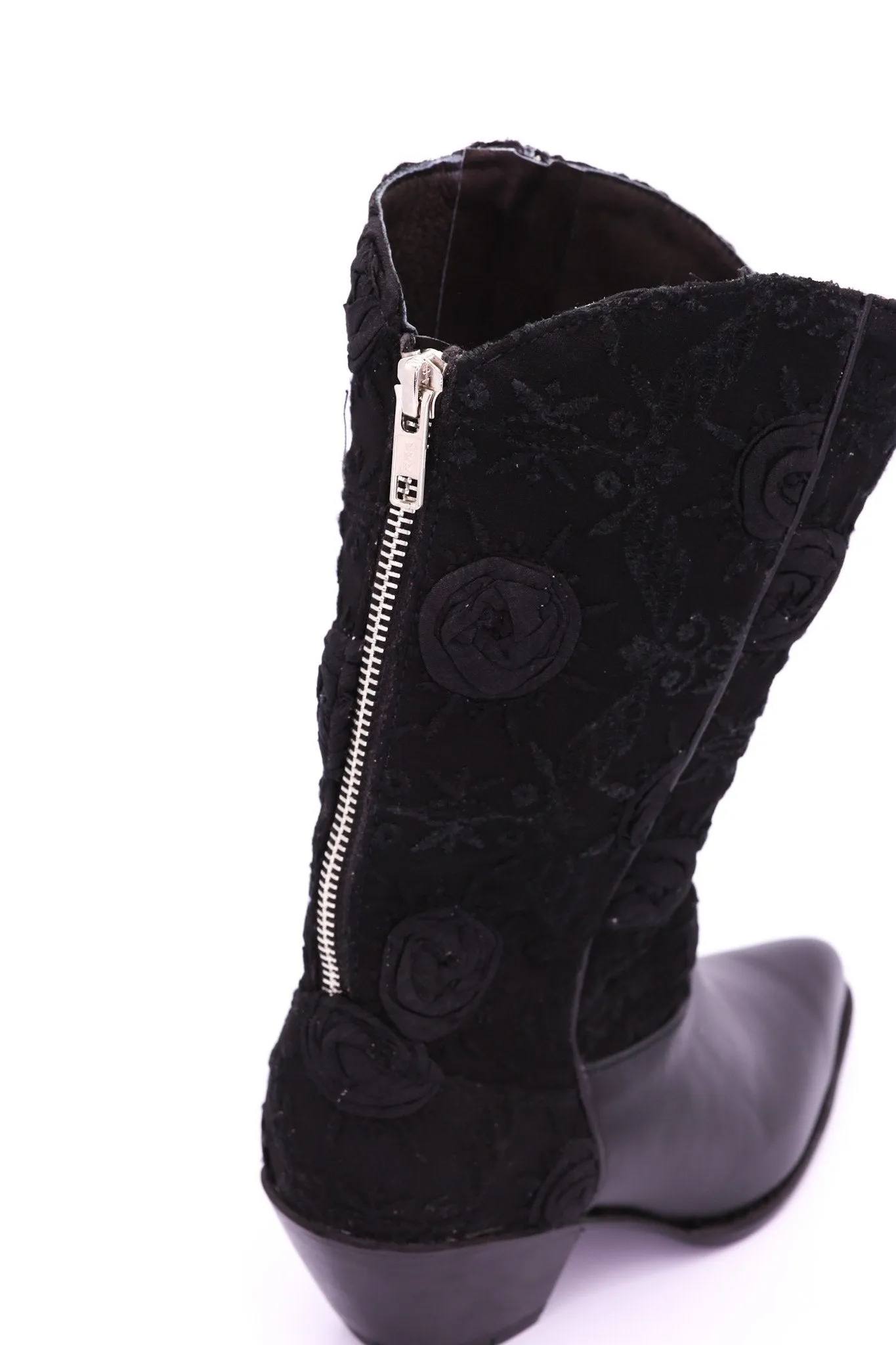 BLACK SILK COTTON EMBROIDERED LEATHER BOOTS DORO