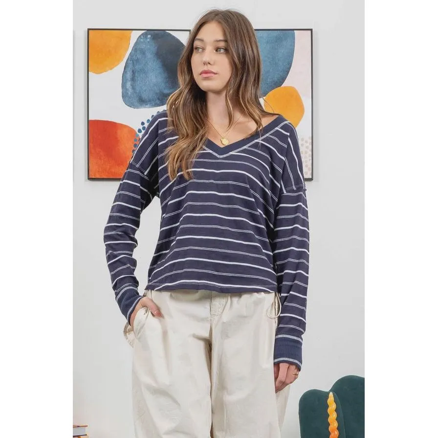 Contrast Stripe V Neck Long Sleeve Top