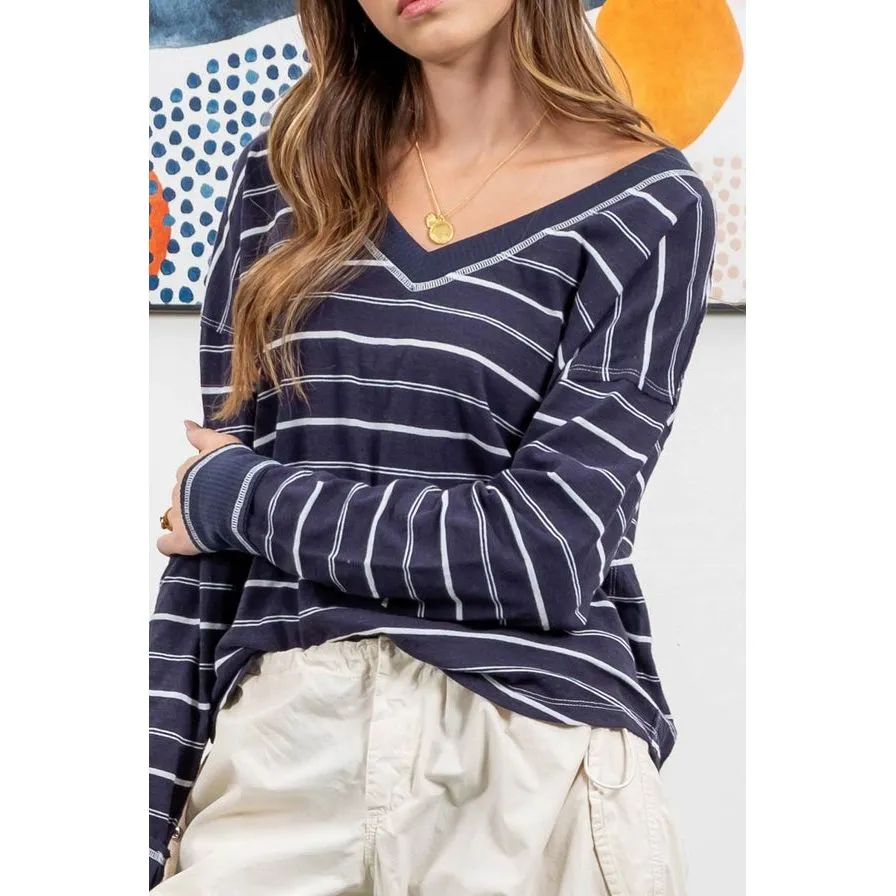 Contrast Stripe V Neck Long Sleeve Top