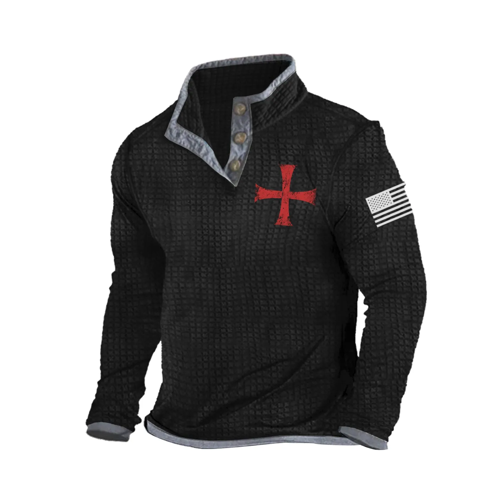 CROSS WAFFLE GRAPHIC HENLEY NECK SWEATSHIRT