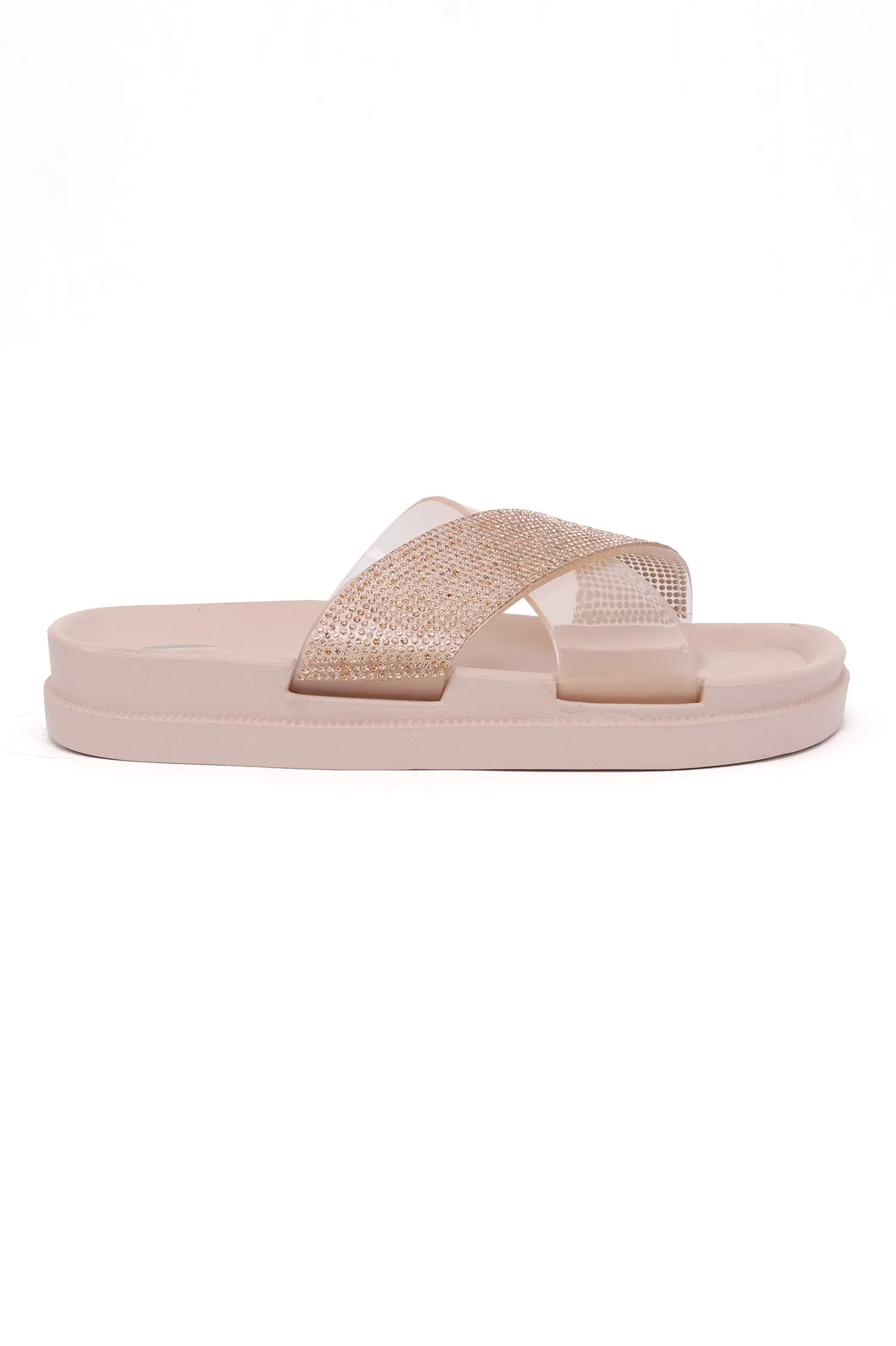 DIAMANTE CROSSOVER SLIDES-ROSE GOLD