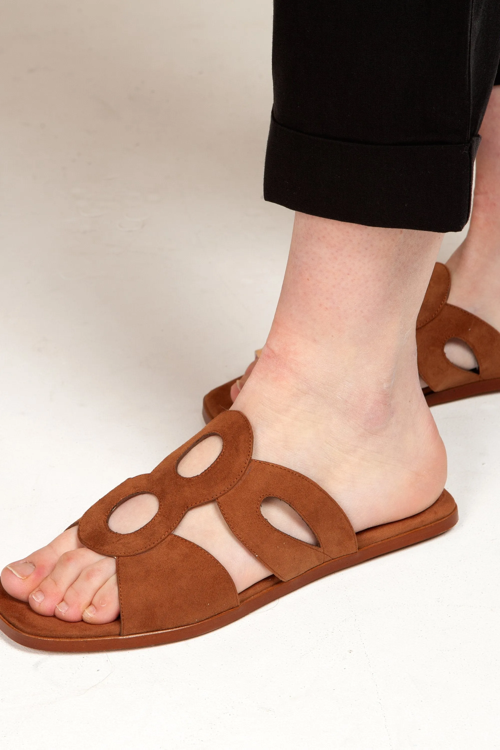 frida brown vegan suede flat sandals