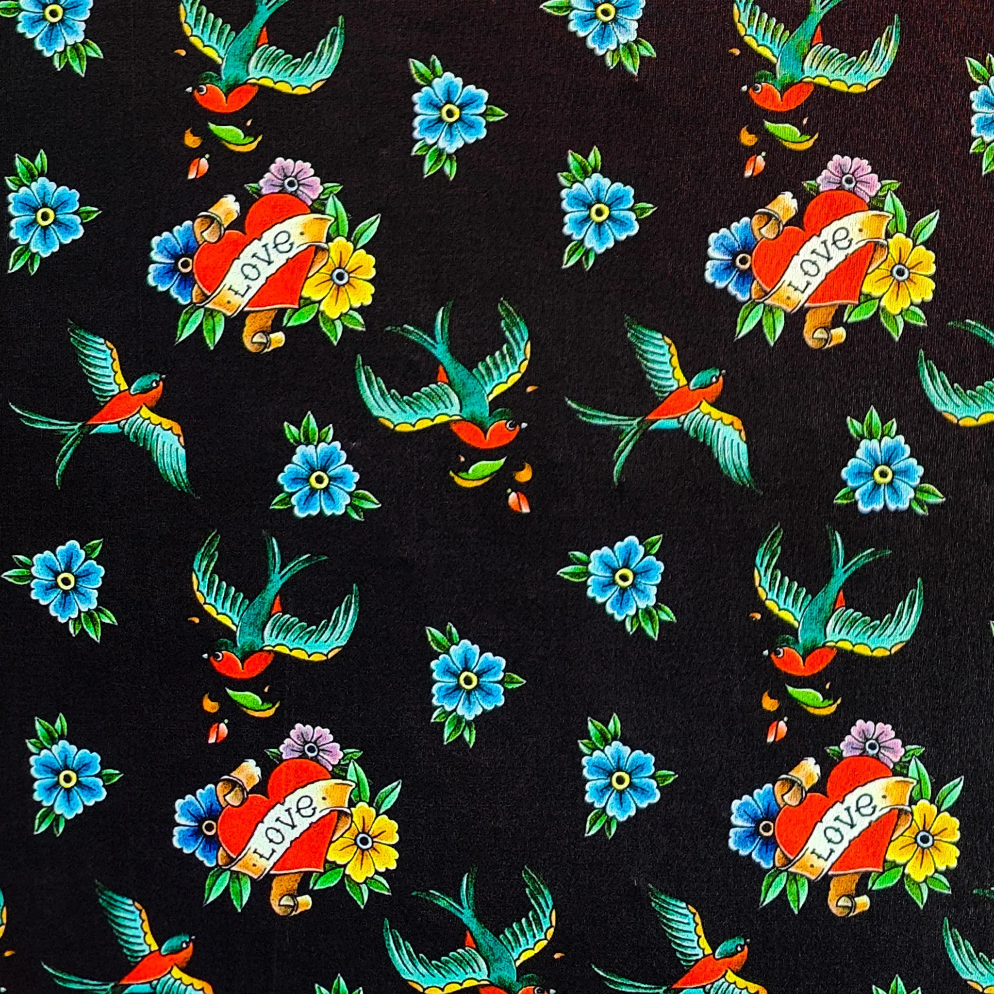 FS1137 Floral Heart & Birds Soft Touch Stretch Fabric Black