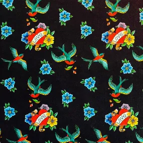 FS1137 Floral Heart & Birds Soft Touch Stretch Fabric Black