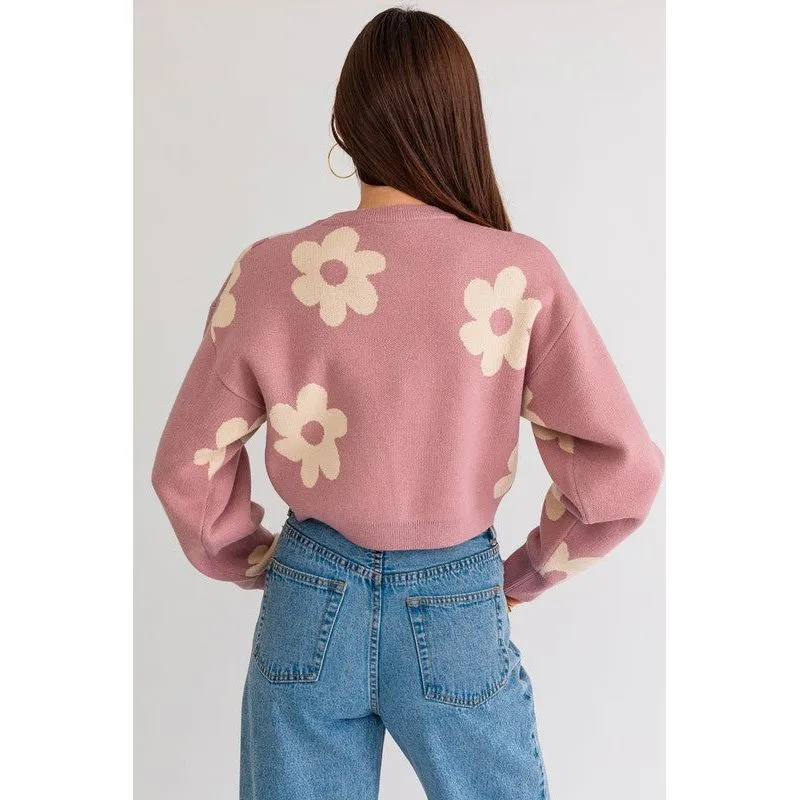 LONG SLEEVE CROP SWEATER WITH DAISY PATTERN