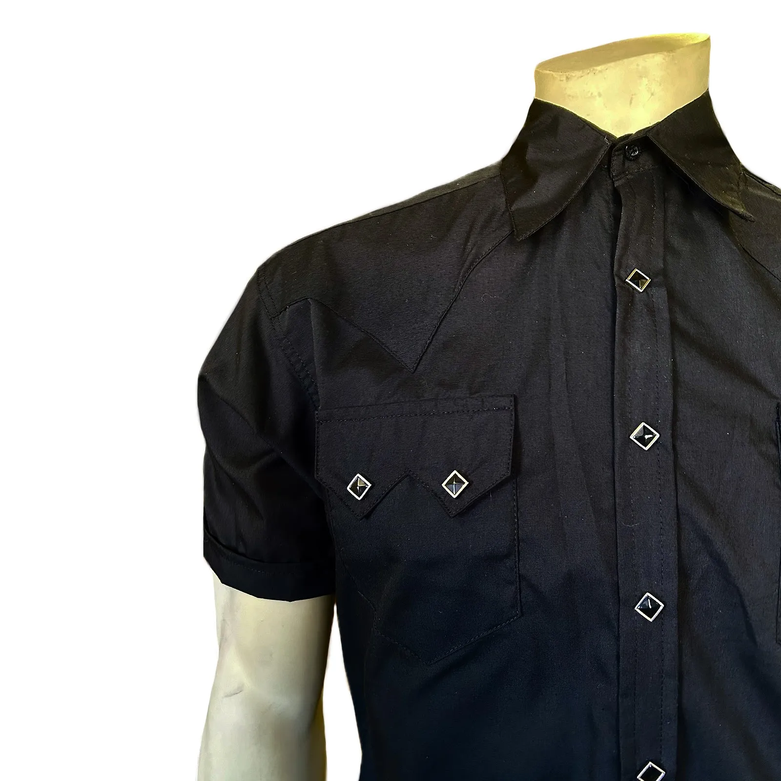 Men's Solid Black Cotton Blend Short Sleeve Western Shirt