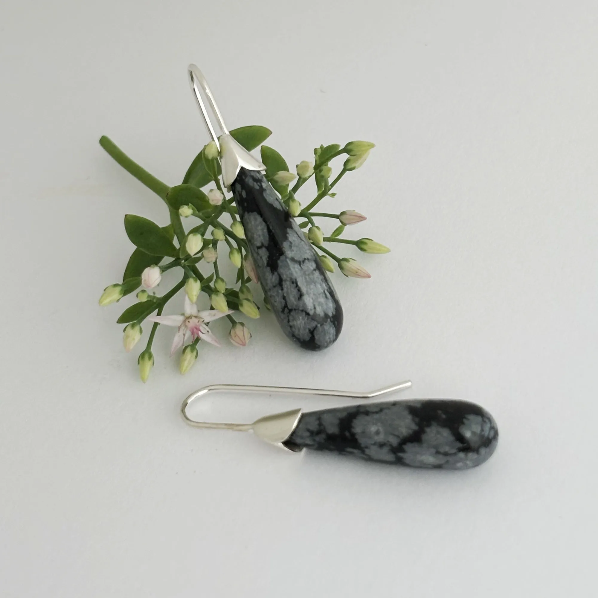 Snowflake Obsidian drop tulip earrings