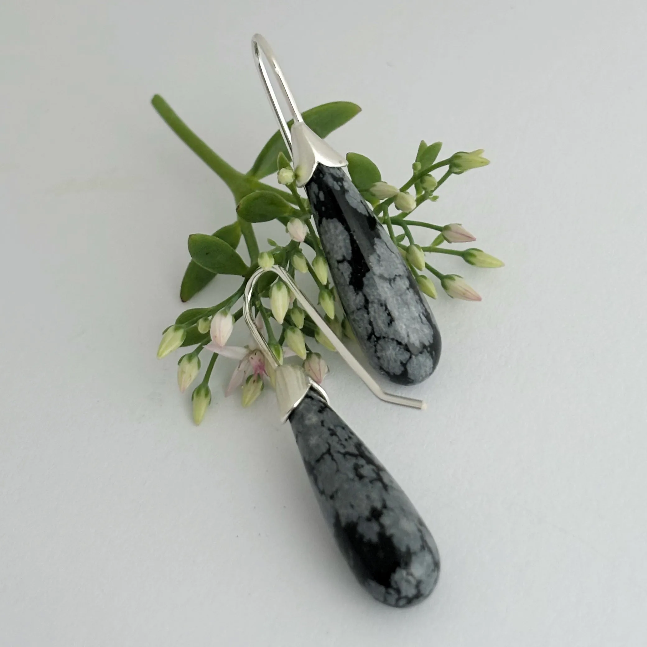 Snowflake Obsidian drop tulip earrings