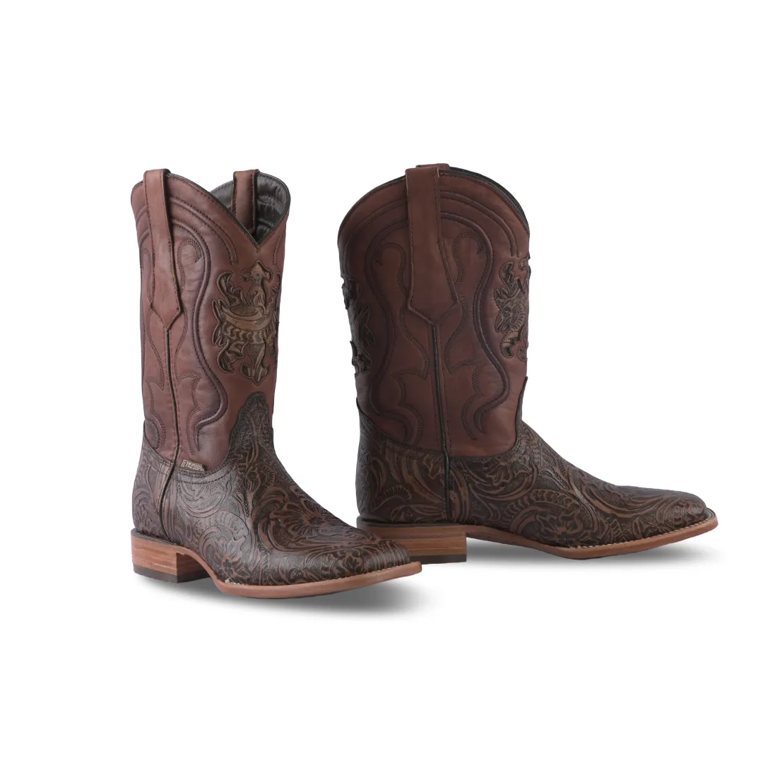 Texas Country Western Boot Cincelado Flores Cafe Square Toe E636