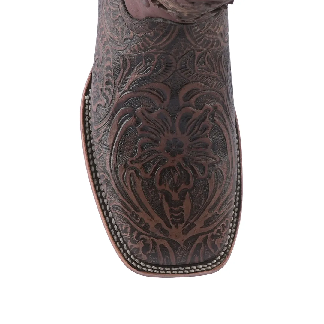 Texas Country Western Boot Cincelado Flores Cafe Square Toe E636