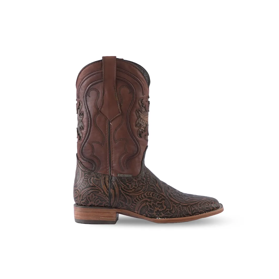 Texas Country Western Boot Cincelado Flores Cafe Square Toe E636