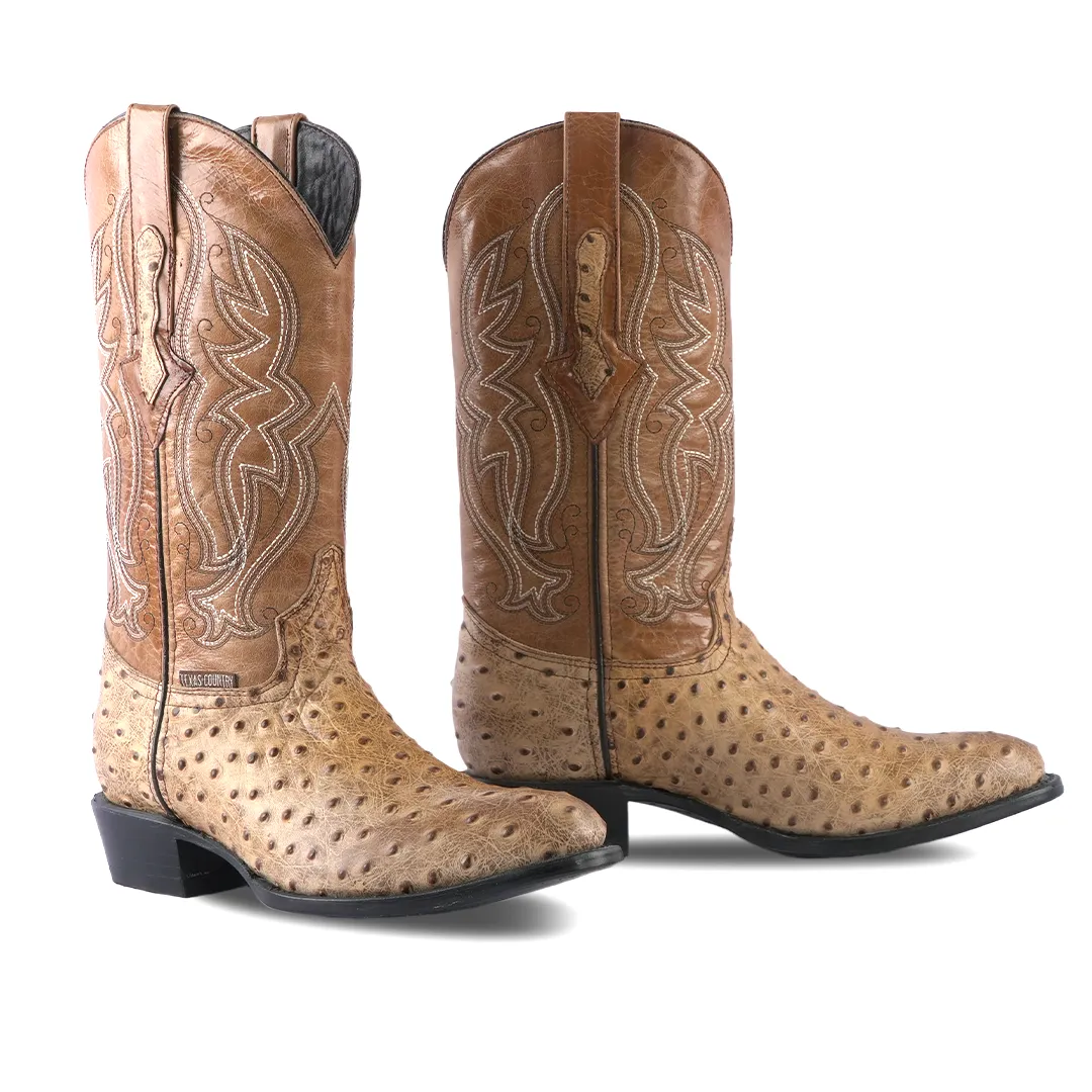 Texas Country Western Boot Ostrich Ranch Munequeada Orix Round Toe E436