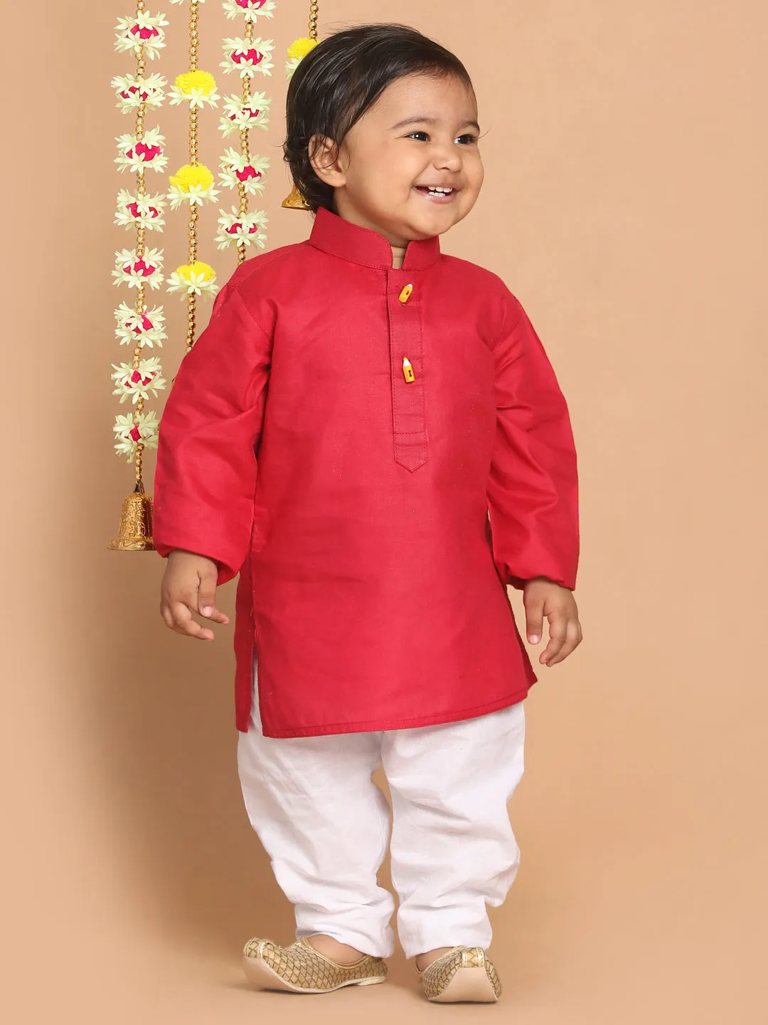 VASTRAMAY Boy's Maroon Kurta With White Pyjama Set