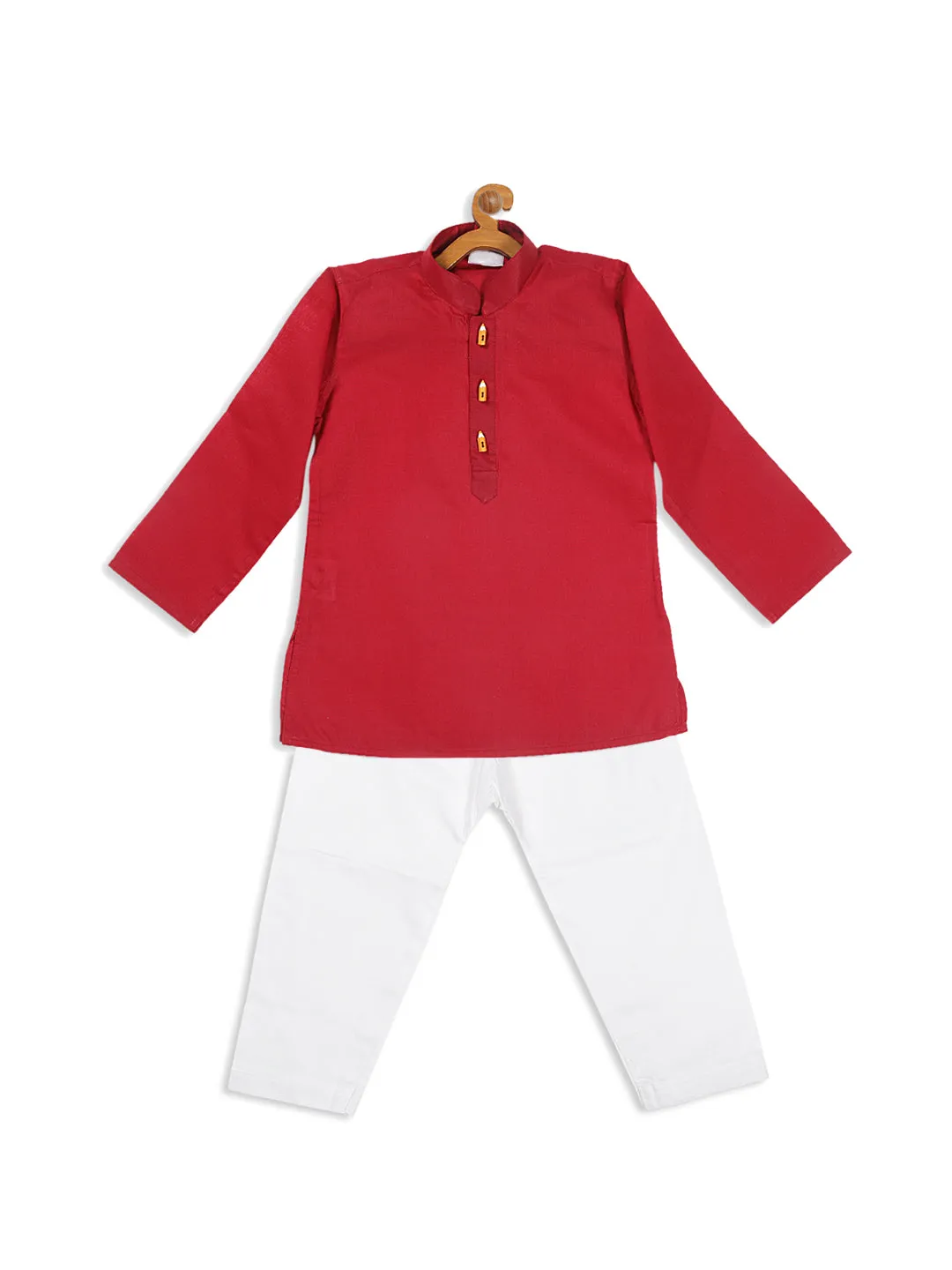 VASTRAMAY Boy's Maroon Kurta With White Pyjama Set