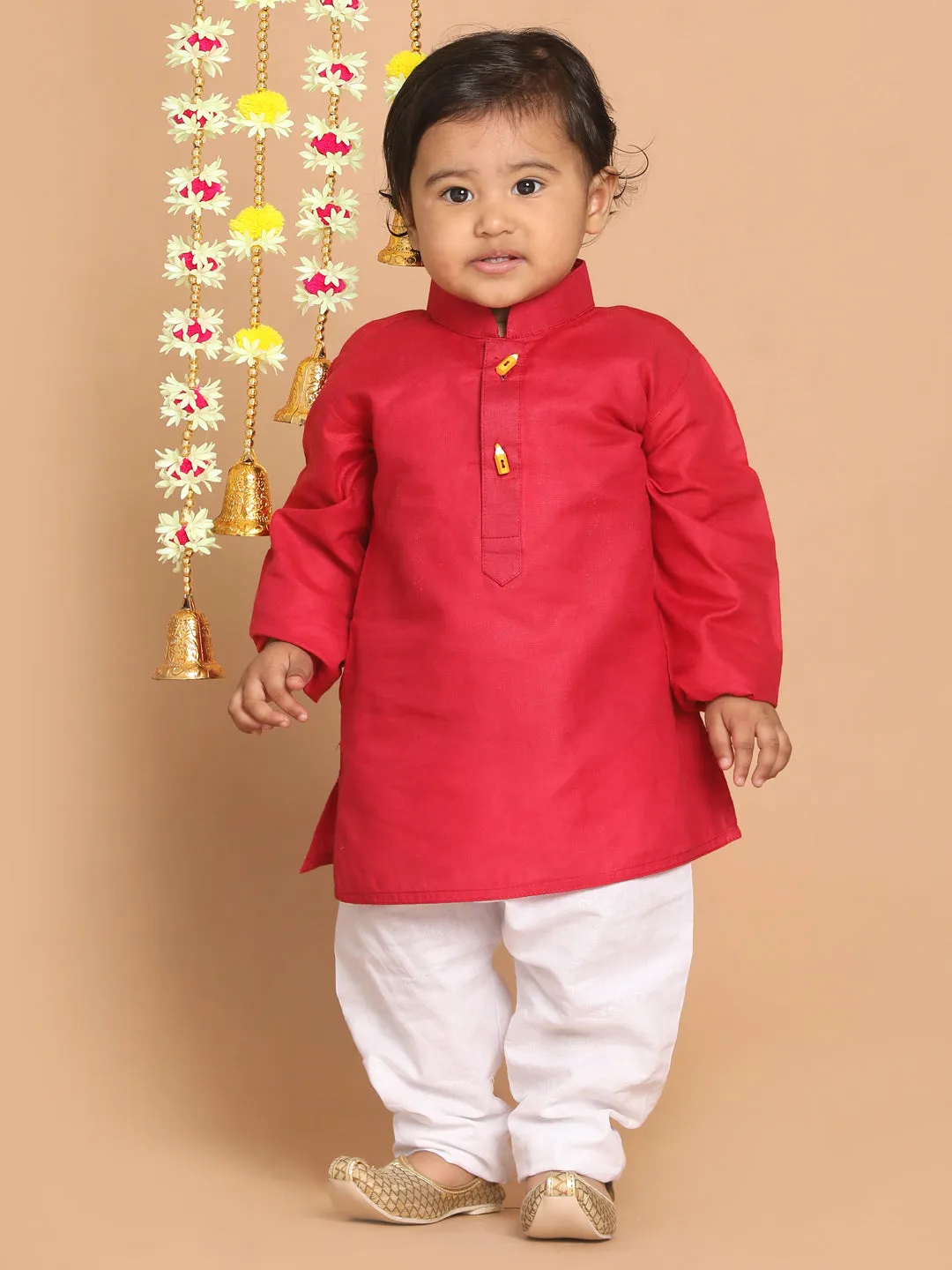 VASTRAMAY Boy's Maroon Kurta With White Pyjama Set