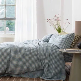 Warm Blue Gingham 100% Linen Duvet Cover